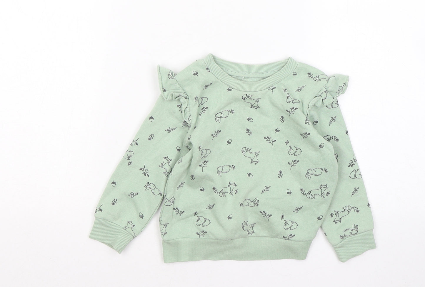 Primark Girls Green Geometric Cotton Pullover Jumper Size 12-18 Months - Rabbit Acorn