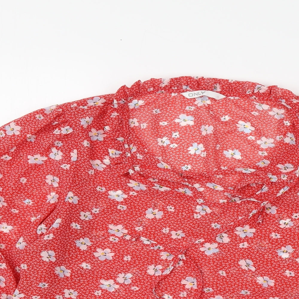 Only Womens Red Floral Polyester Basic Blouse Size L Round Neck