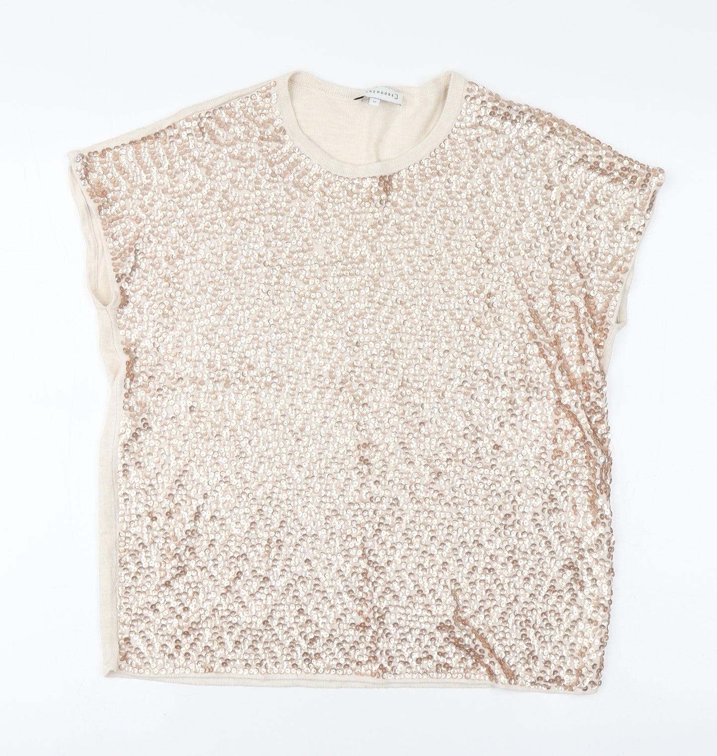 Warehouse Womens Beige Viscose Basic Blouse Size 10 Round Neck