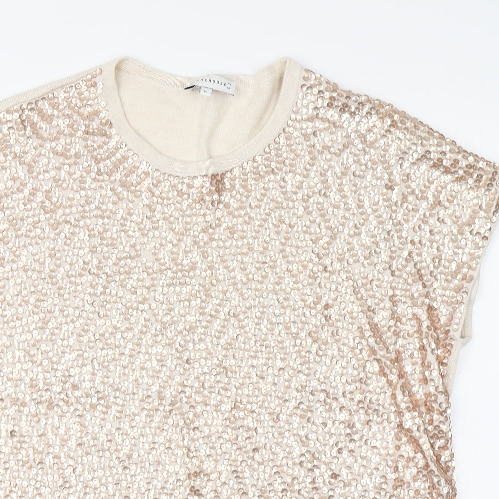 Warehouse Womens Beige Viscose Basic Blouse Size 10 Round Neck