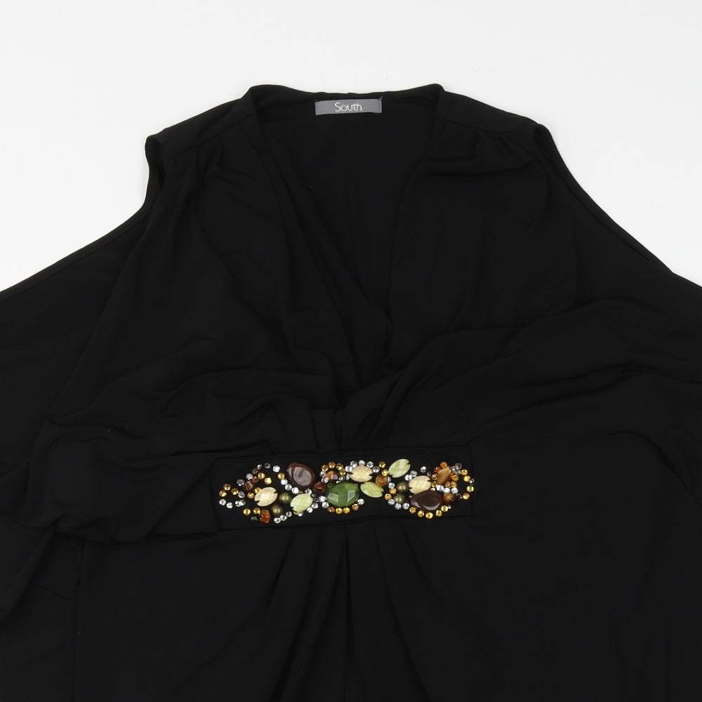 South Womens Black Polyester Basic Blouse Size 14 V-Neck