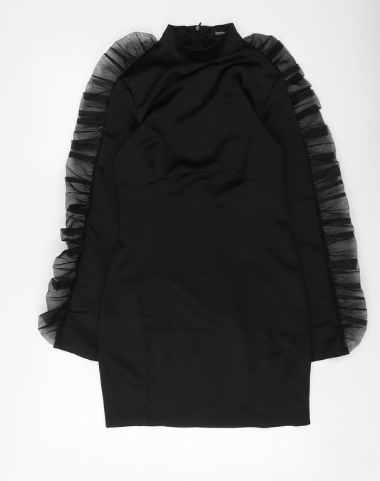 Front view of Boohoo women’s black polyester a-line, size UK 10, high neck