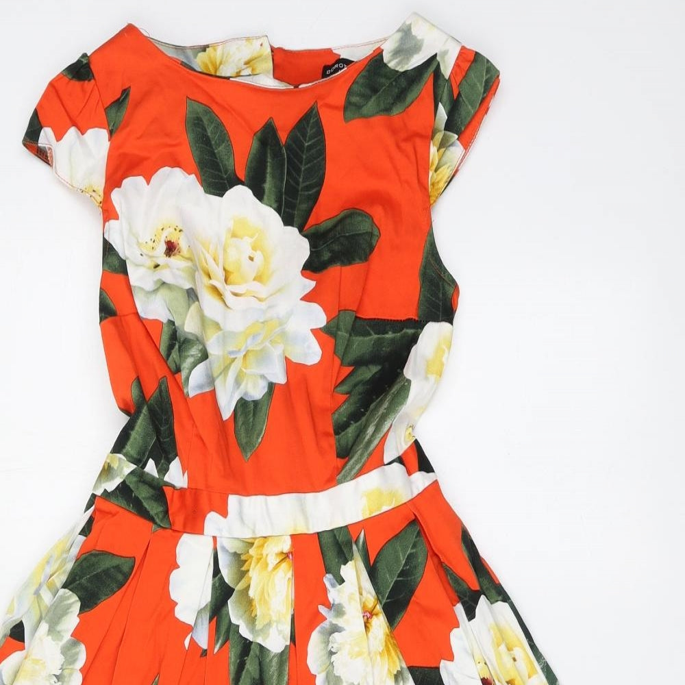 Dorothy Perkins Womens Red Floral Cotton Skater Dress Size 8 Round Neck