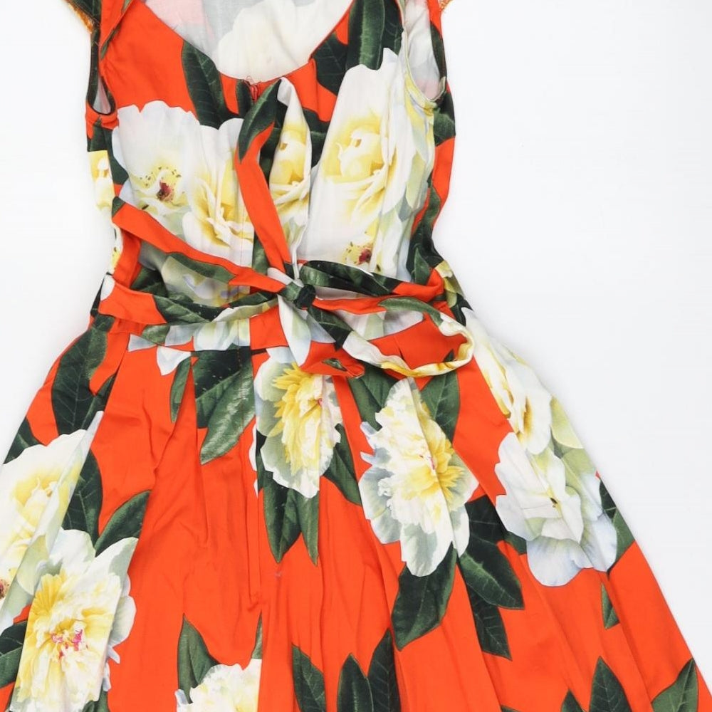 Dorothy Perkins Womens Red Floral Cotton Skater Dress Size 8 Round Neck