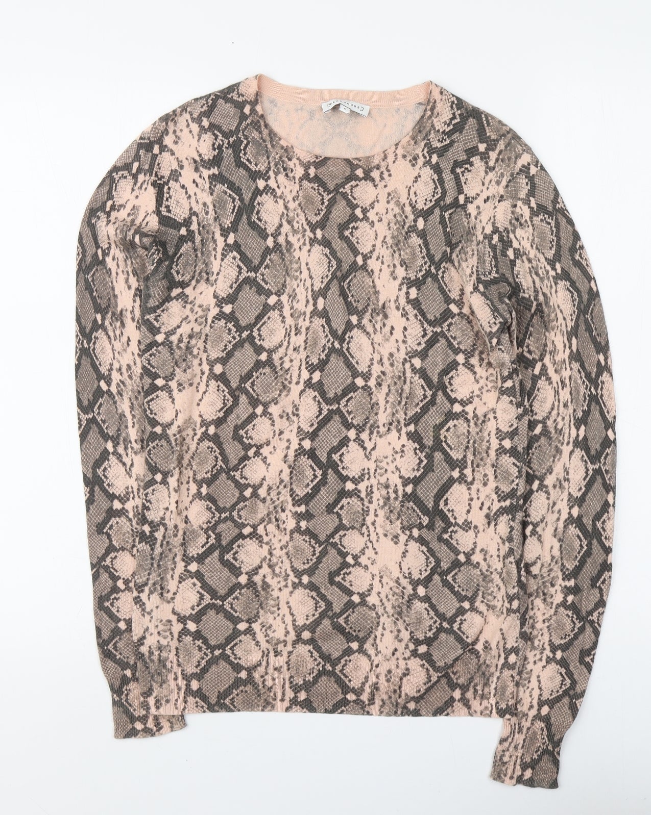 Warehouse Womens Pink Round Neck Animal Print Cotton Pullover Jumper Size 6