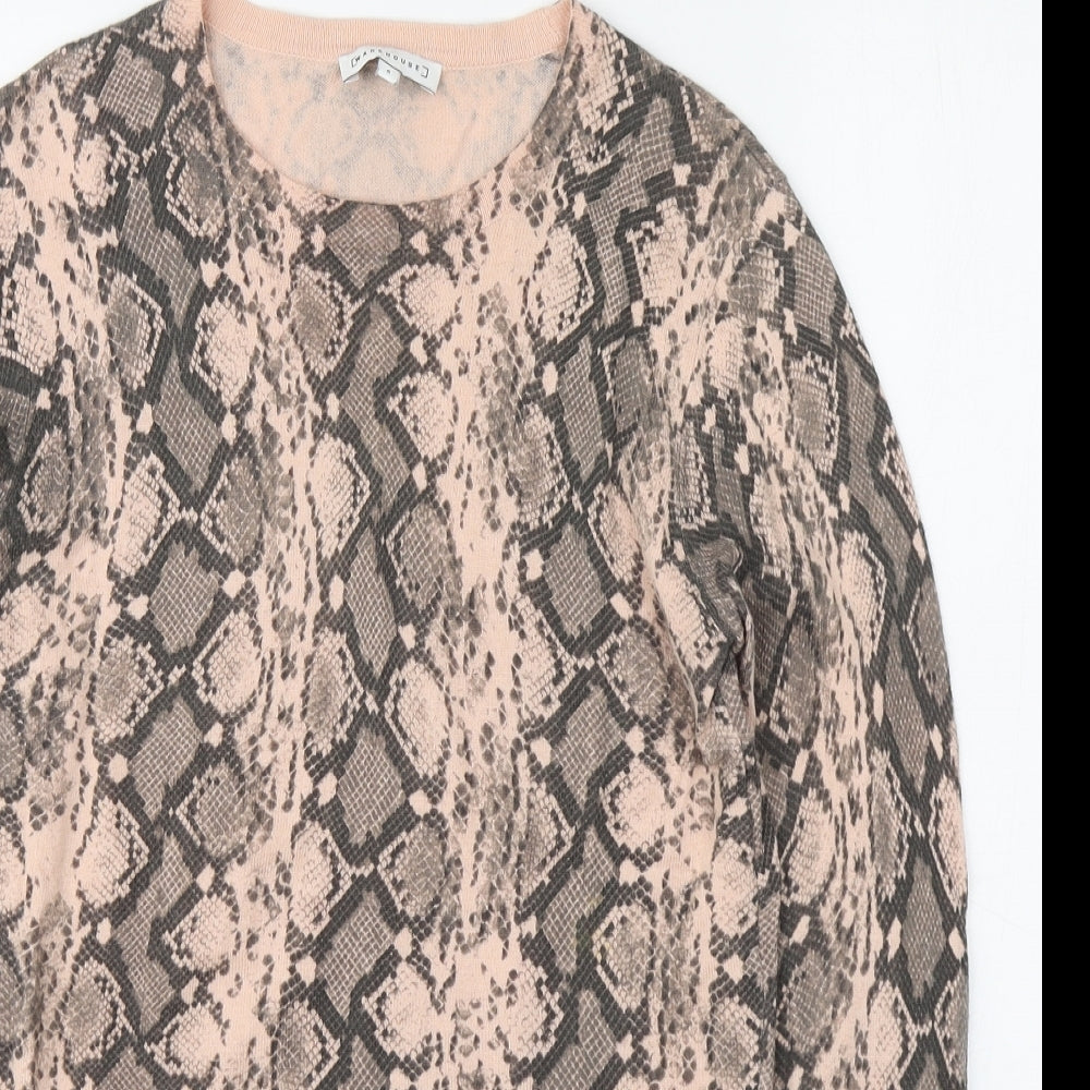 Warehouse Womens Pink Round Neck Animal Print Cotton Pullover Jumper Size 6