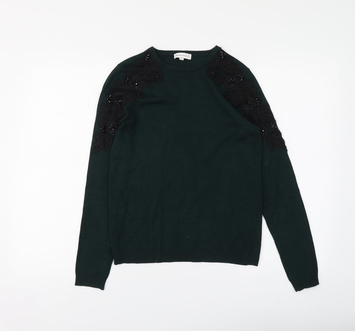 Warehouse Womens Green Round Neck Cotton Pullover Jumper Size 6