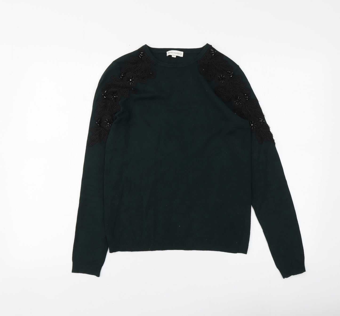 Warehouse Womens Green Round Neck Cotton Pullover Jumper Size 6