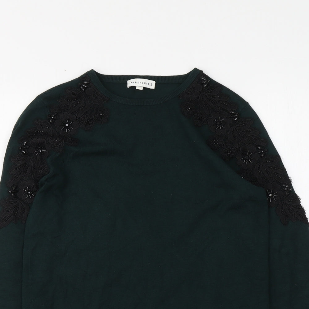 Warehouse Womens Green Round Neck Cotton Pullover Jumper Size 6