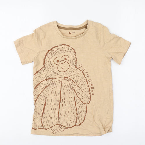 TU Boys Beige Cotton Basic T-Shirt Size 6-7 Years Round Neck