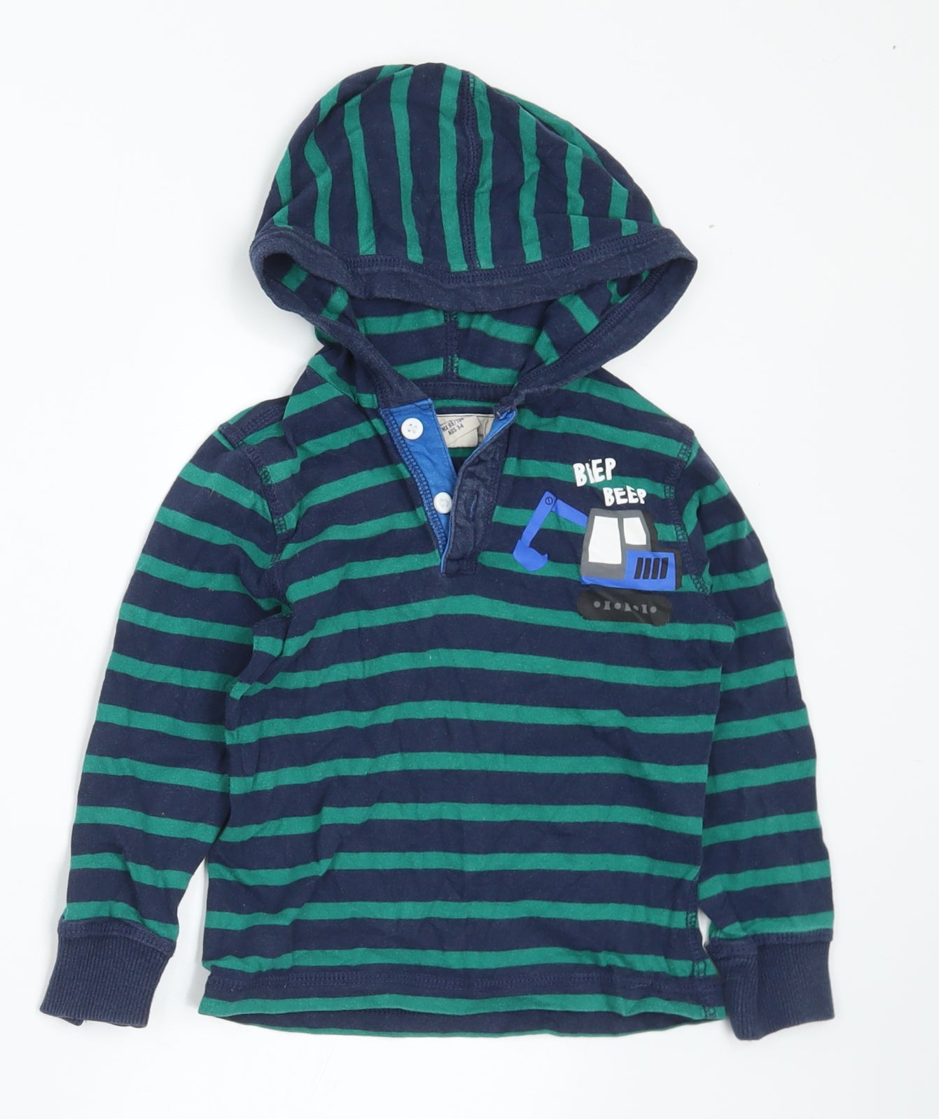 H&M Boys Green Striped Cotton Pullover Hoodie Size 3-4 Years - Diggers