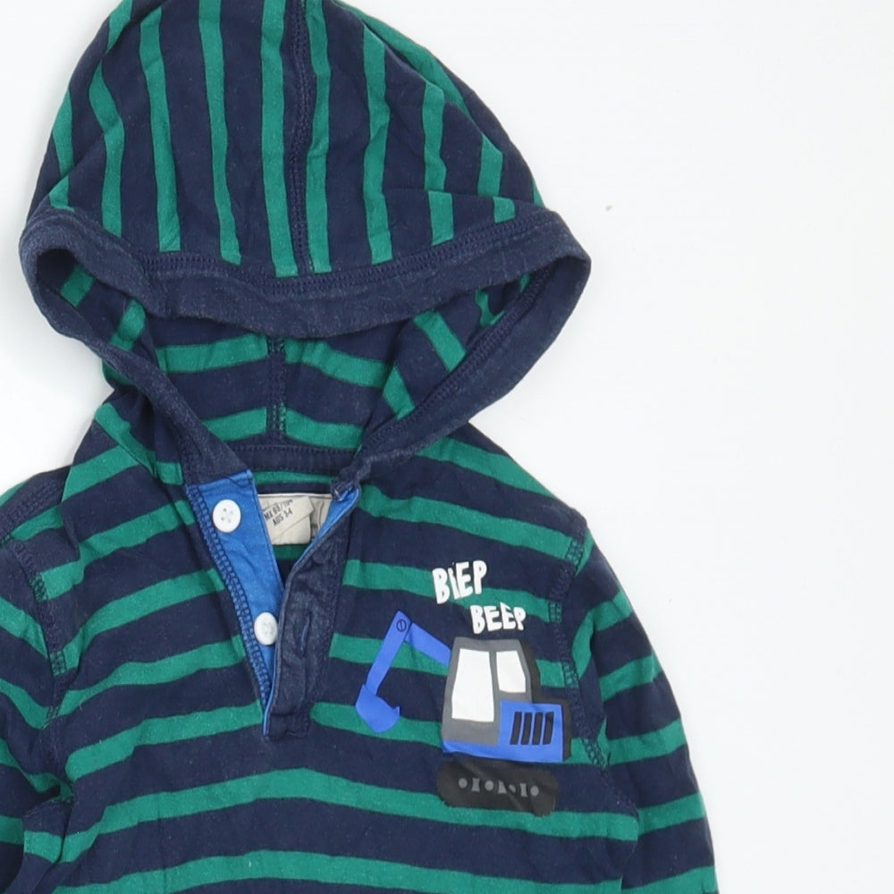 H&M Boys Green Striped Cotton Pullover Hoodie Size 3-4 Years - Diggers