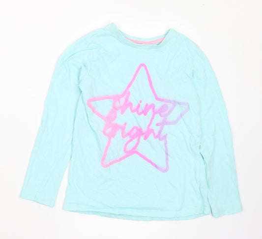Front view of Dunnes Stores girls’ blue cotton basic t-shirt, size 9-10, years crew neck - shine bright