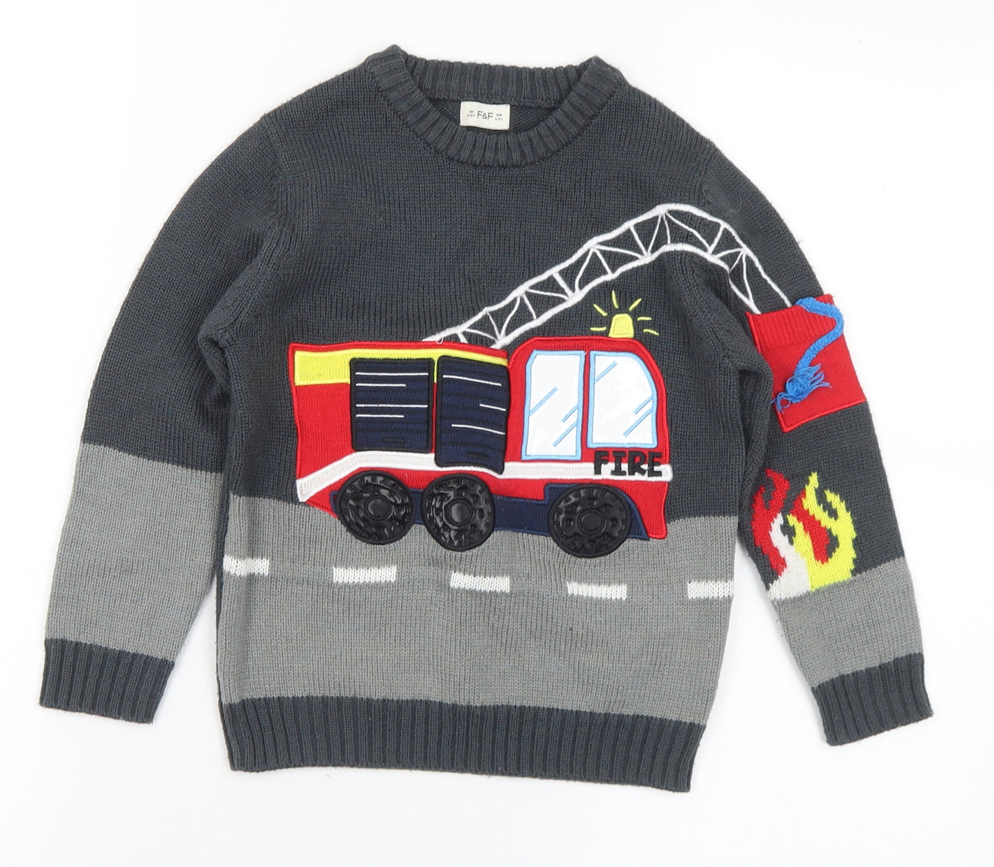 F&F Boys Multicoloured Crew Neck Acrylic Pullover Jumper Size 4-5 Years - Fire Engine