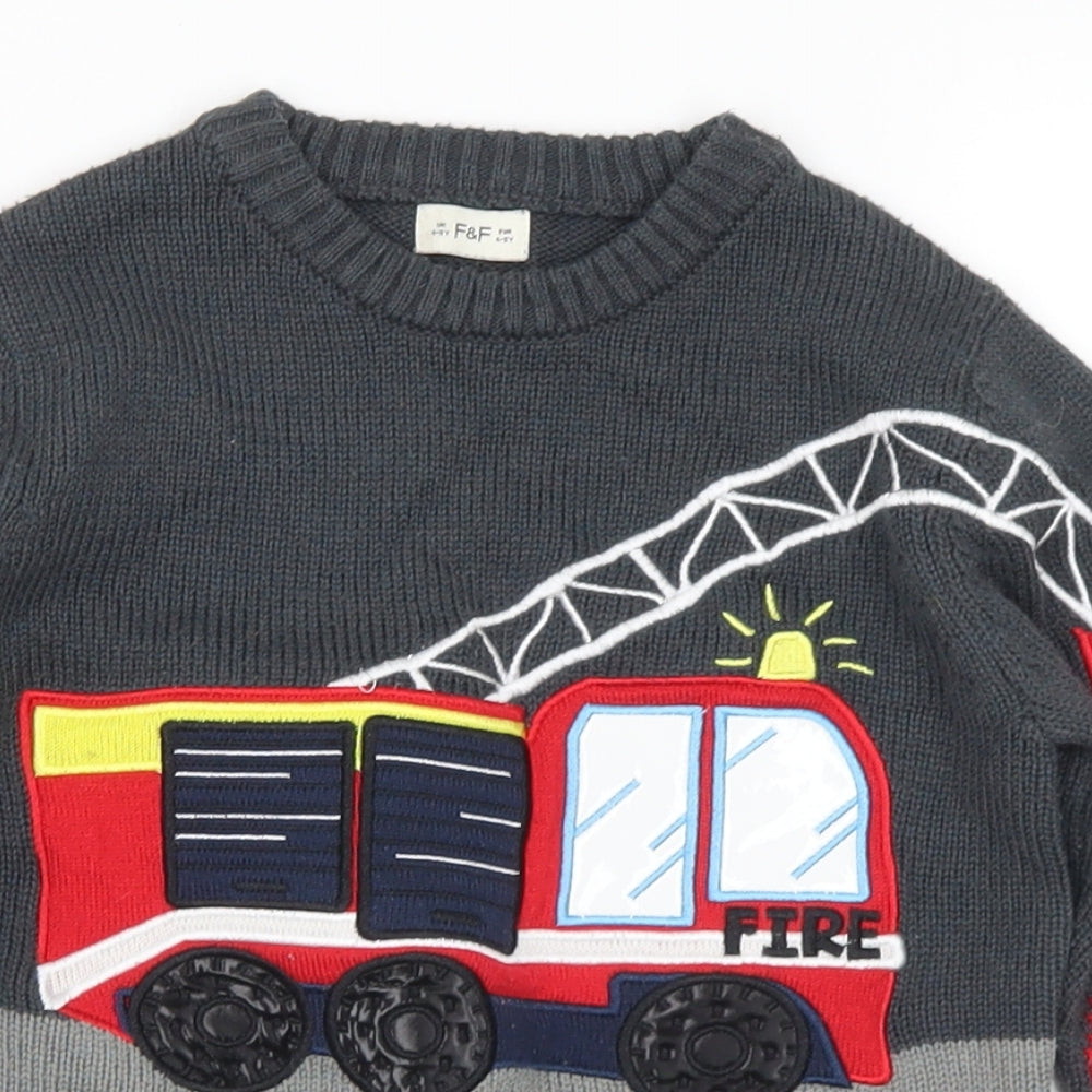 F&F Boys Multicoloured Crew Neck Acrylic Pullover Jumper Size 4-5 Years - Fire Engine