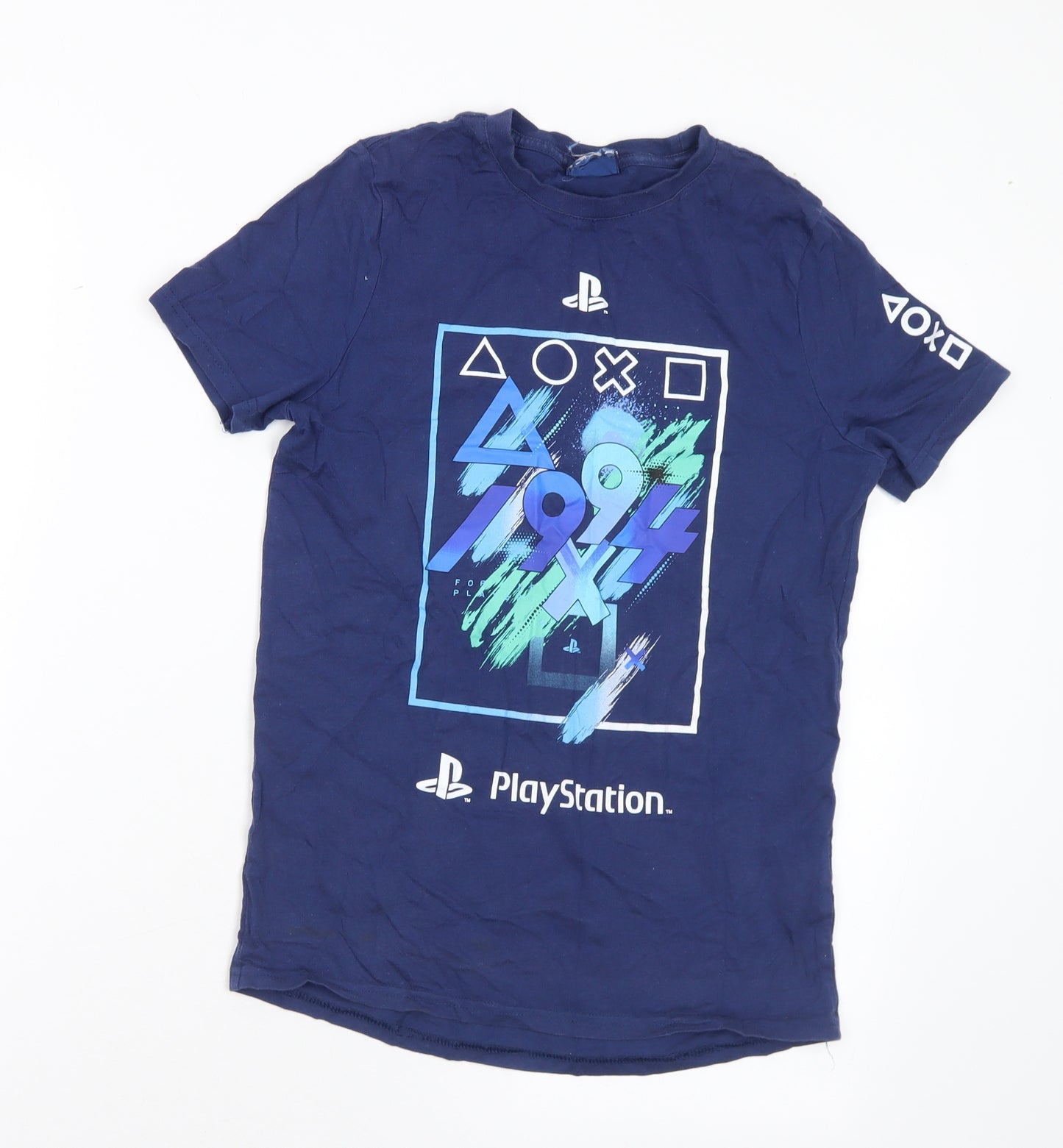 PlayStation Boys Blue Cotton Basic T-Shirt Size 10-11 Years Crew Neck - Playstation
