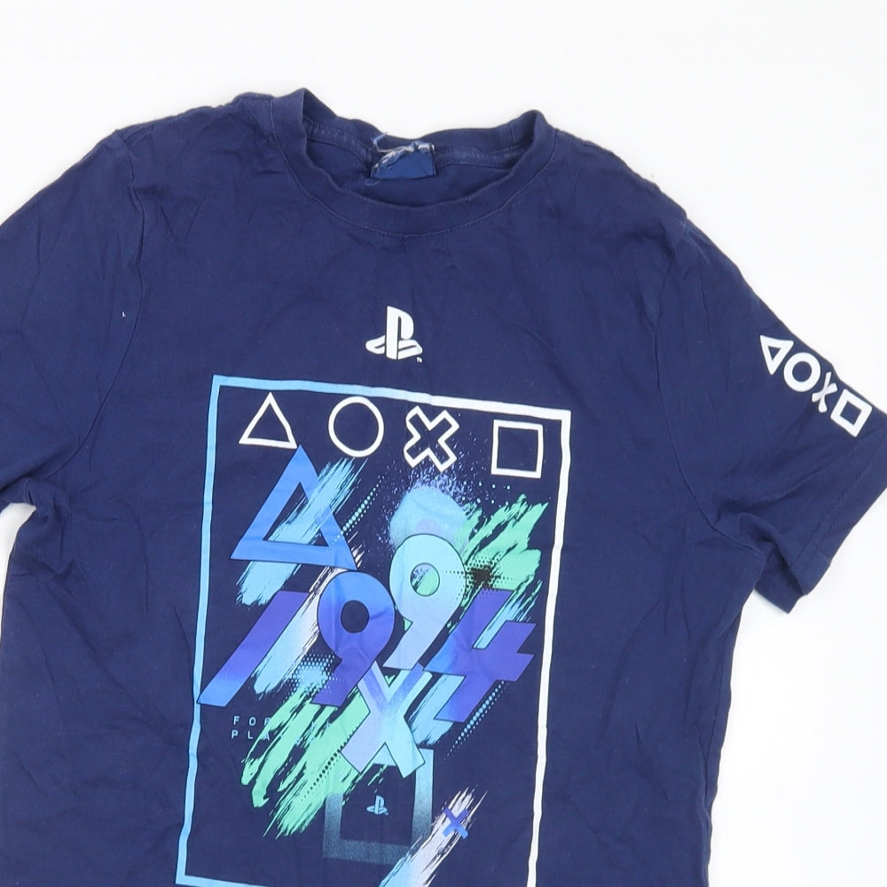 PlayStation Boys Blue Cotton Basic T-Shirt Size 10-11 Years Crew Neck - Playstation