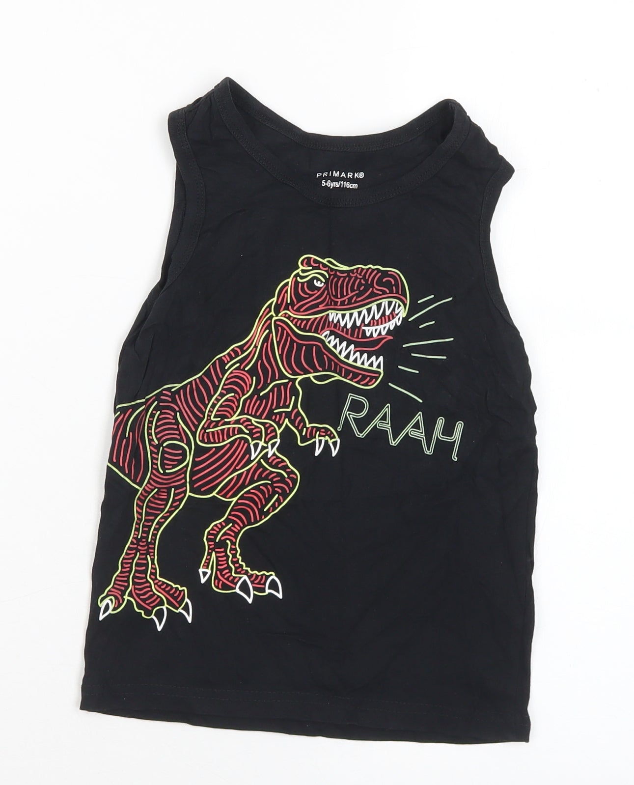 Primark Boys Black Cotton Basic Tank Size 5-6 Years Round Neck - Dinosaur