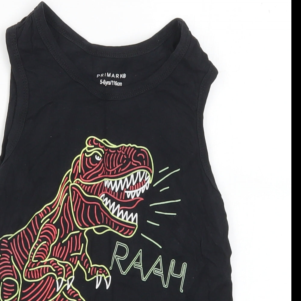 Primark Boys Black Cotton Basic Tank Size 5-6 Years Round Neck - Dinosaur