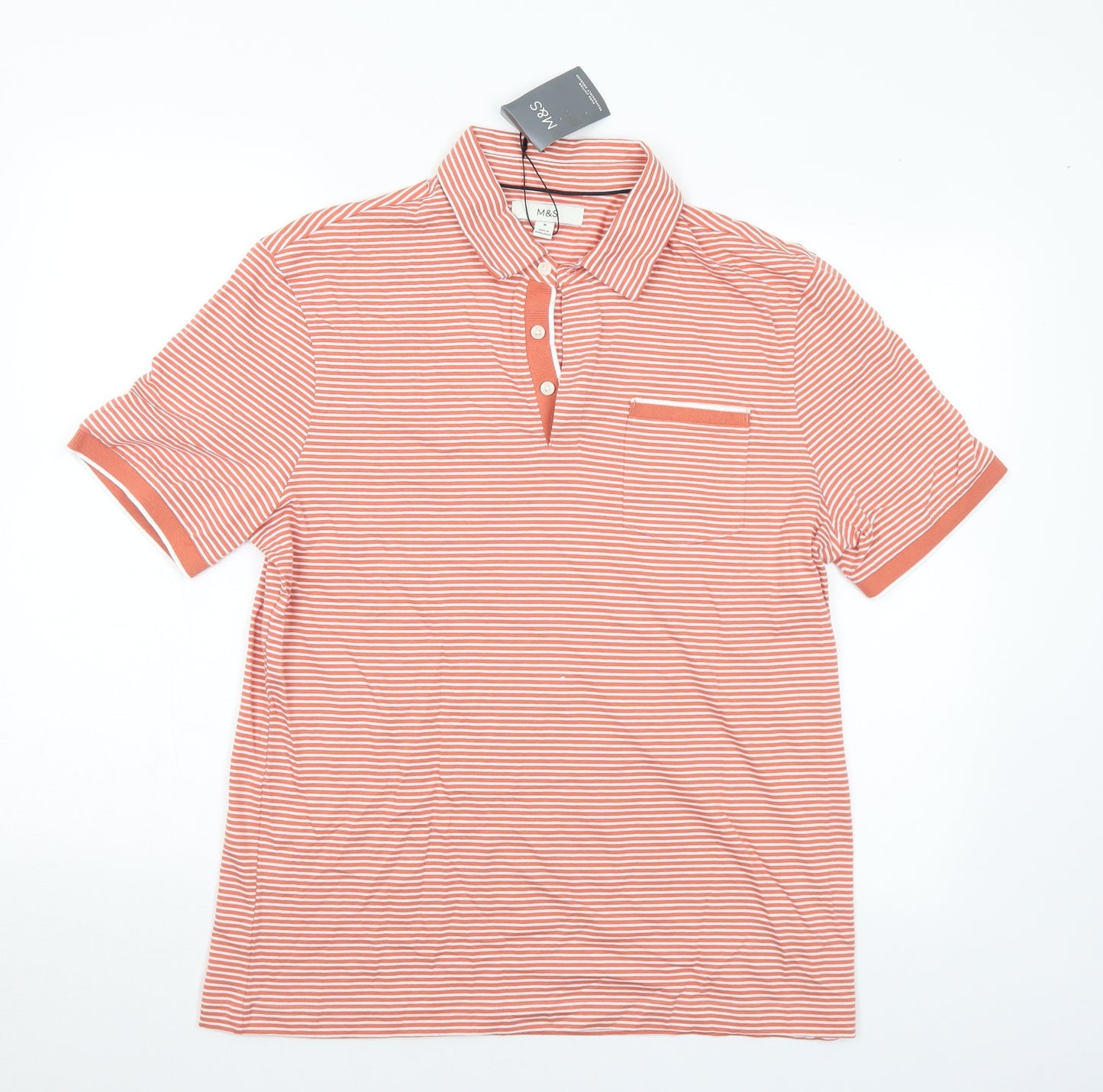 Marks and Spencer Mens Orange Striped Cotton Polo Size M Collared