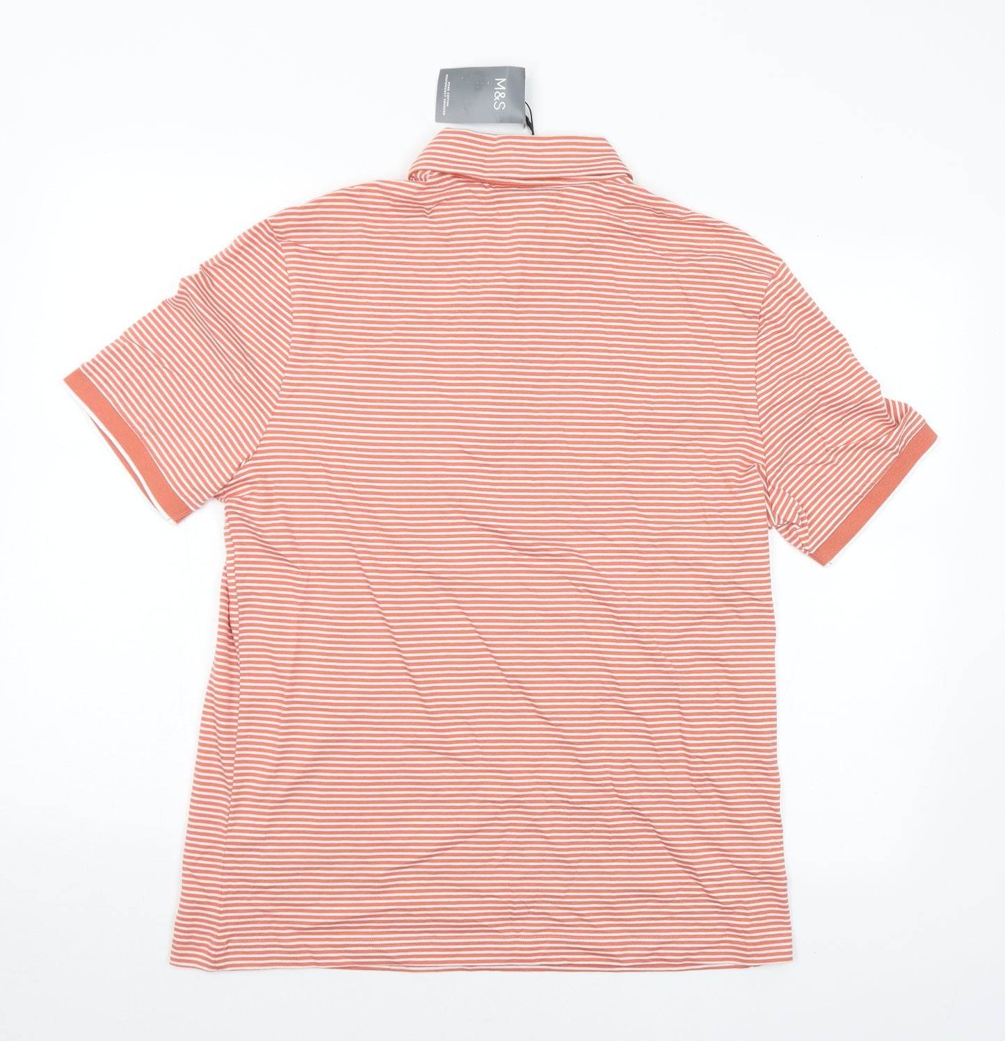 Marks and Spencer Mens Orange Striped Cotton Polo Size M Collared