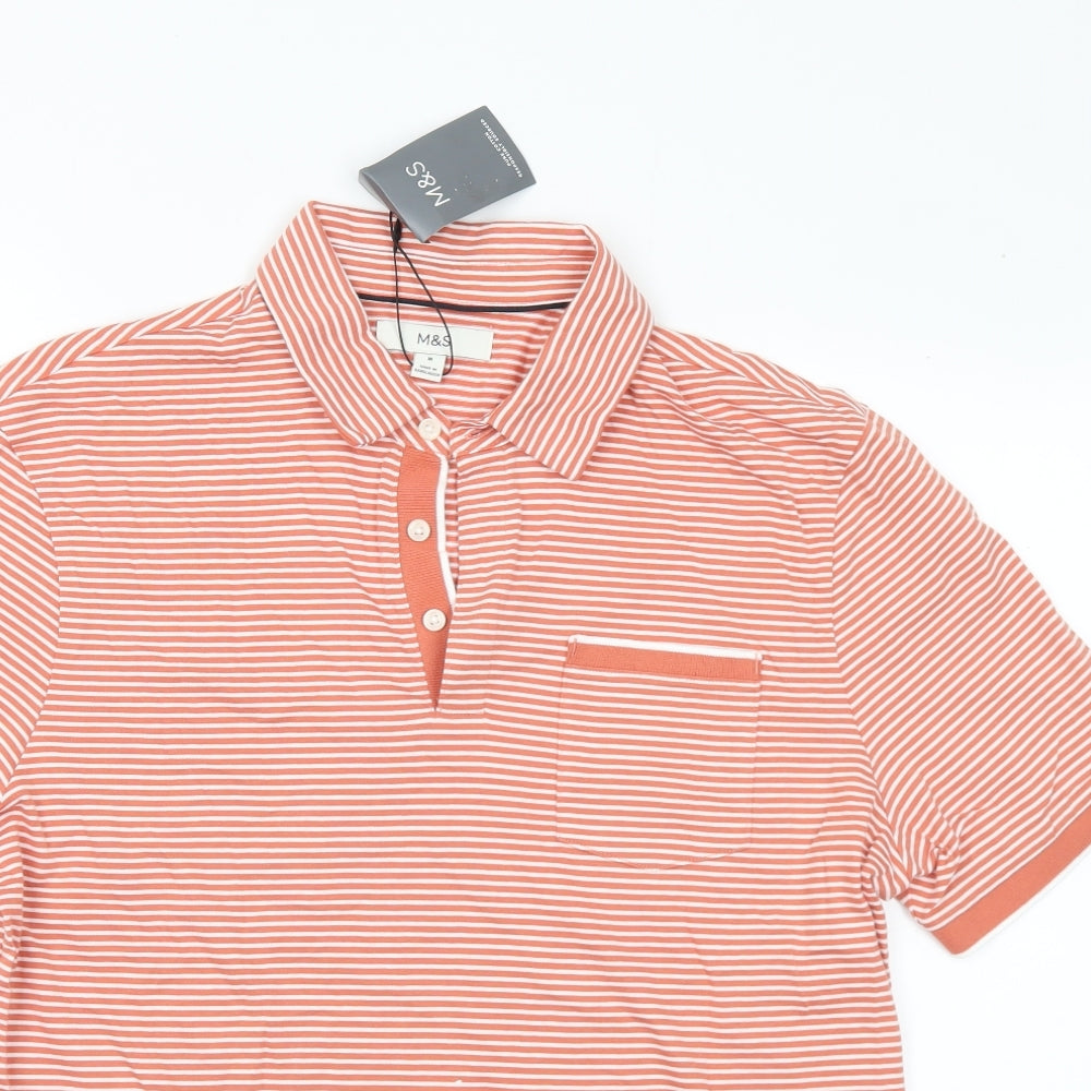 Marks and Spencer Mens Orange Striped Cotton Polo Size M Collared