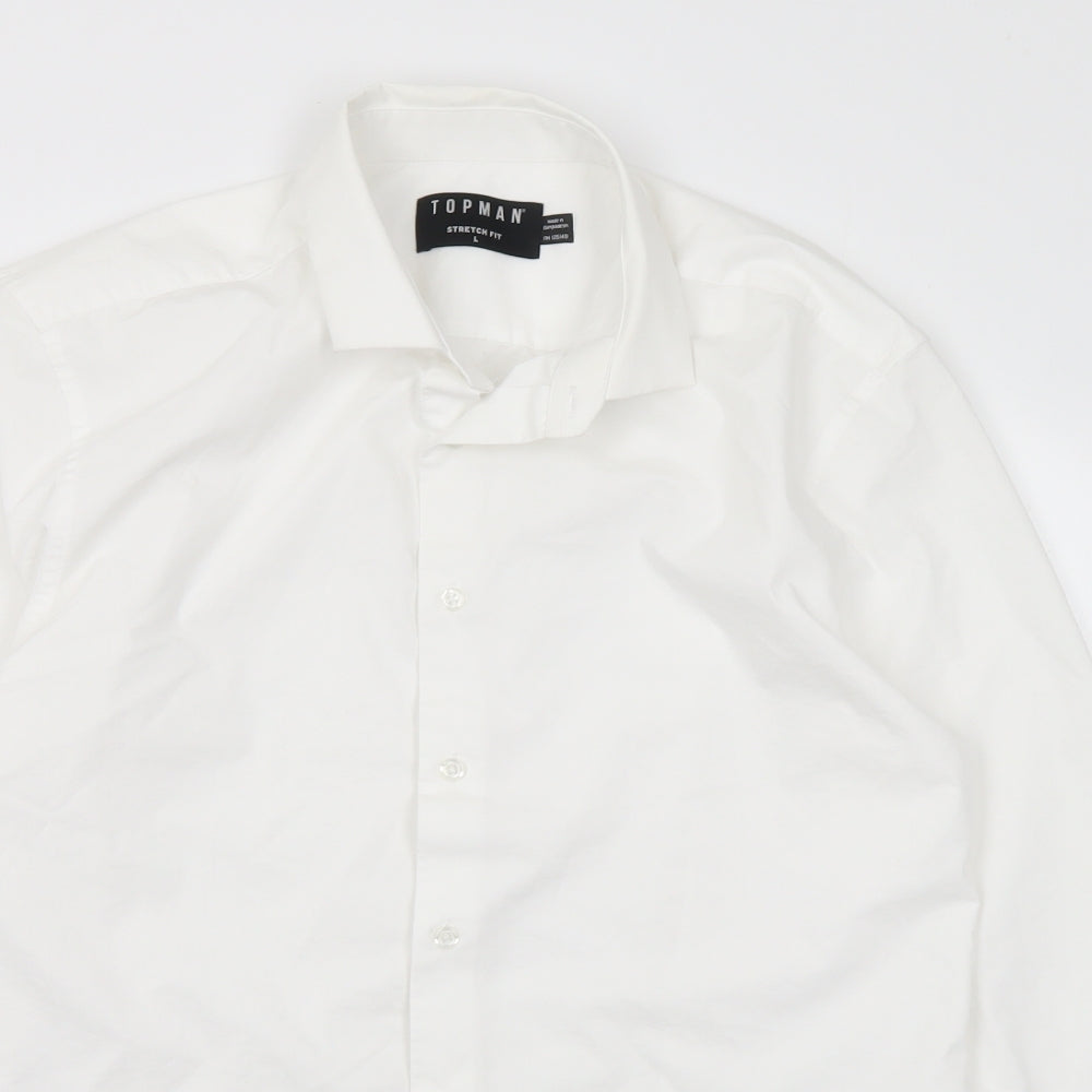 Topman Mens White Cotton Dress Shirt Size L Collared Button