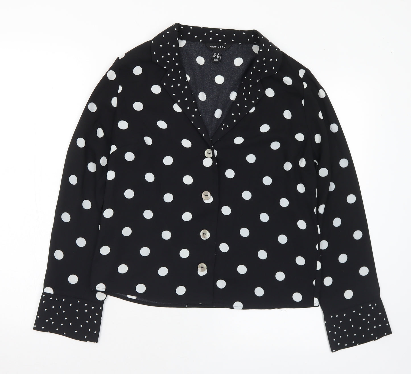 New Look Womens Black Polka Dot Polyester Basic Blouse Size 10 Collared