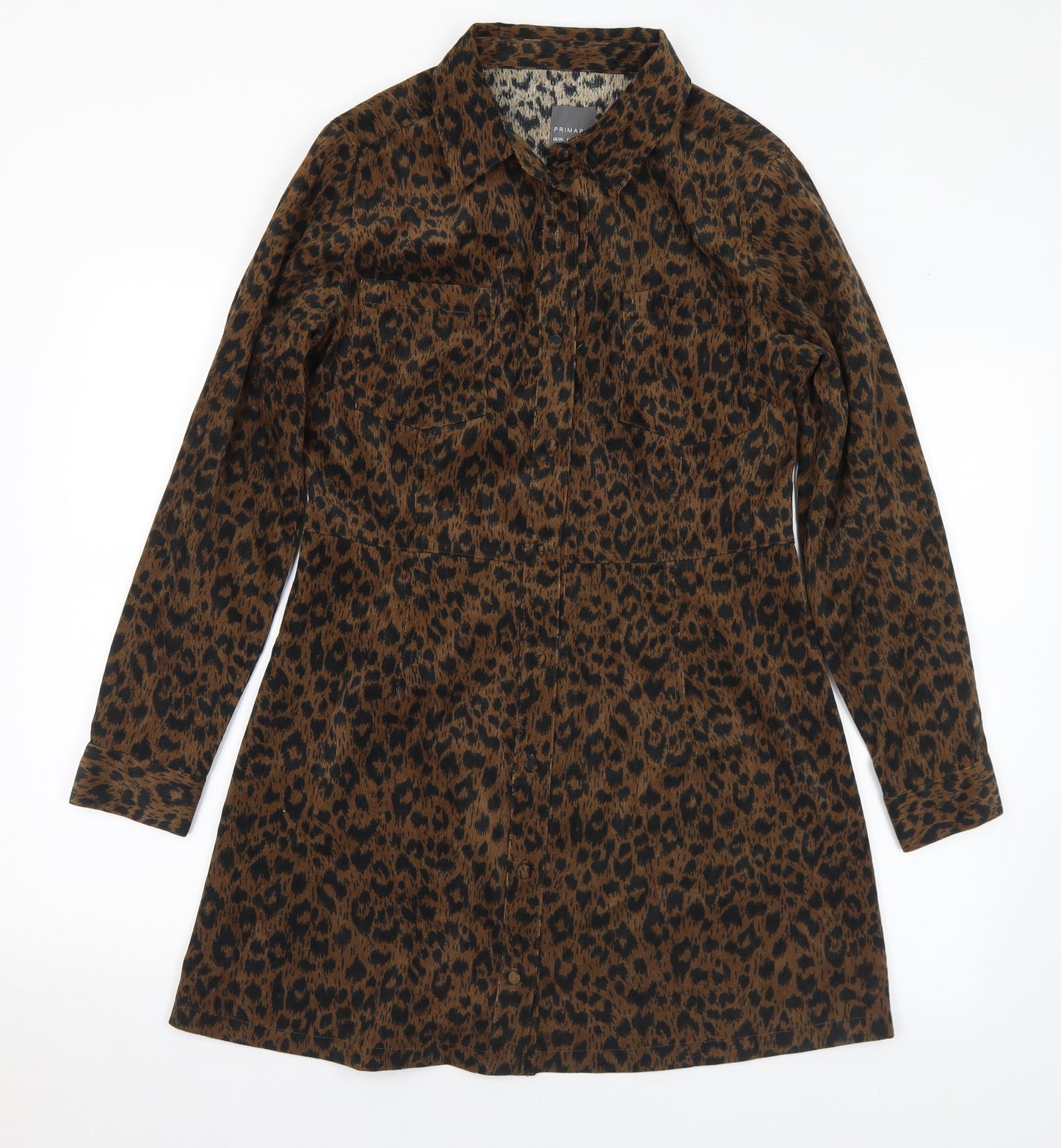 Primark Womens Brown Animal Print Polyester Shirt Dress Size 14 Collared Button