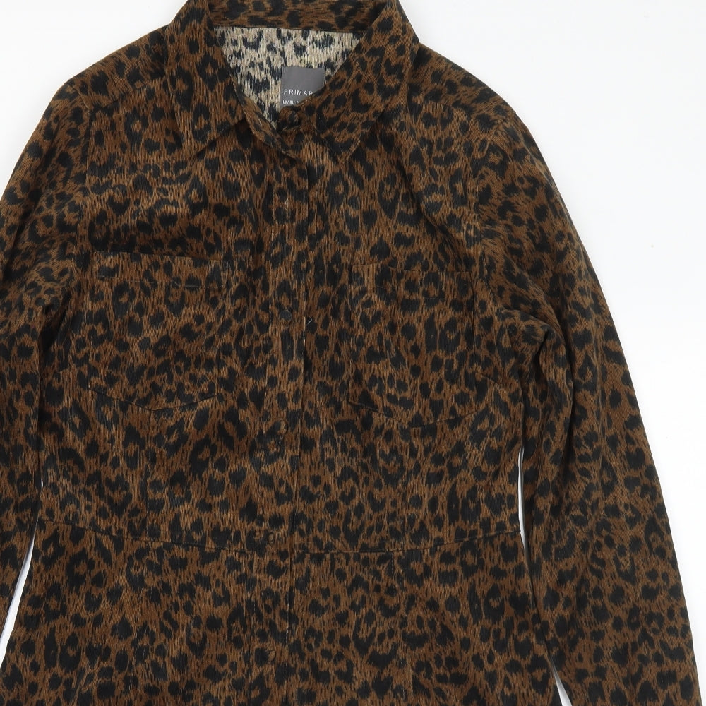 Primark Womens Brown Animal Print Polyester Shirt Dress Size 14 Collared Button
