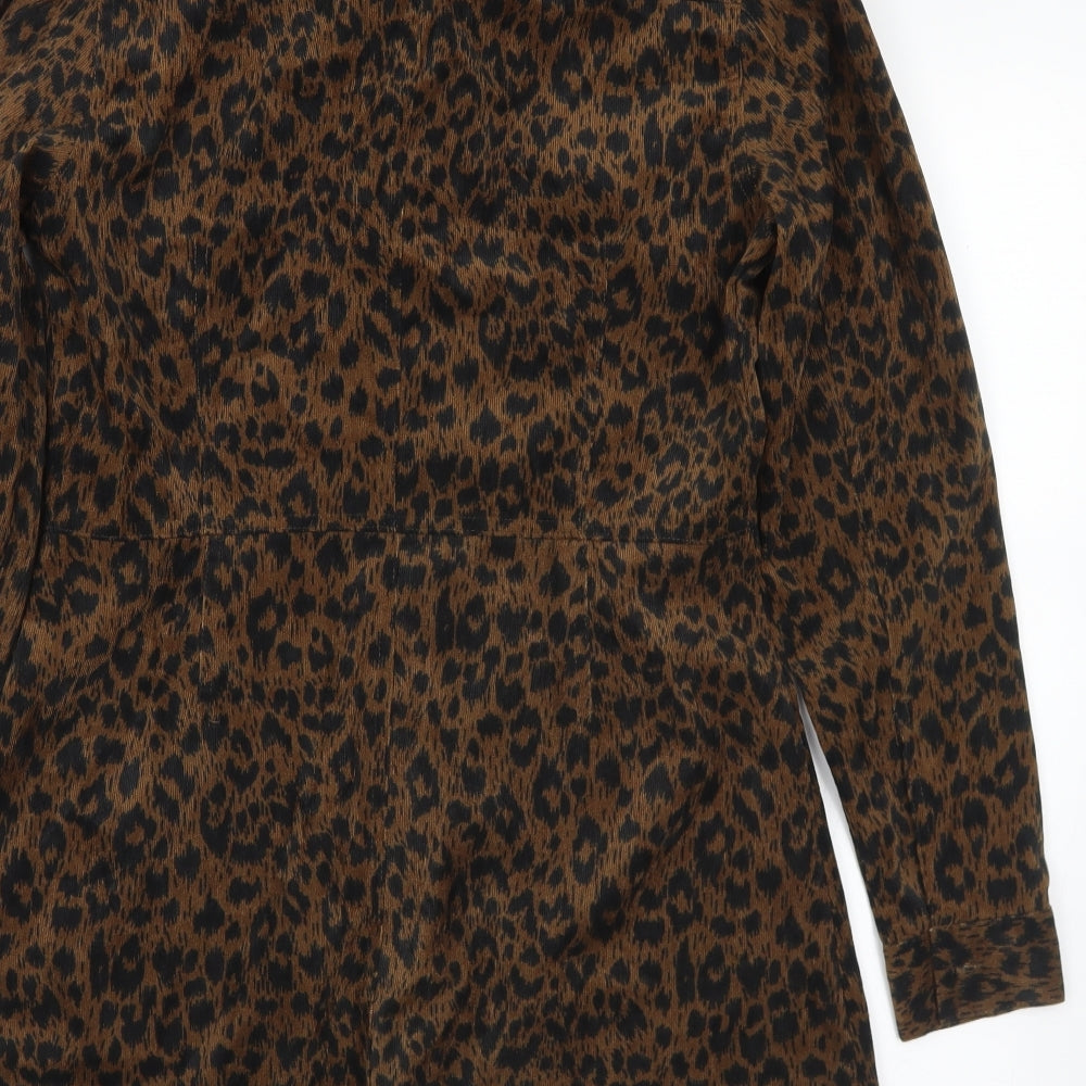 Primark Womens Brown Animal Print Polyester Shirt Dress Size 14 Collared Button