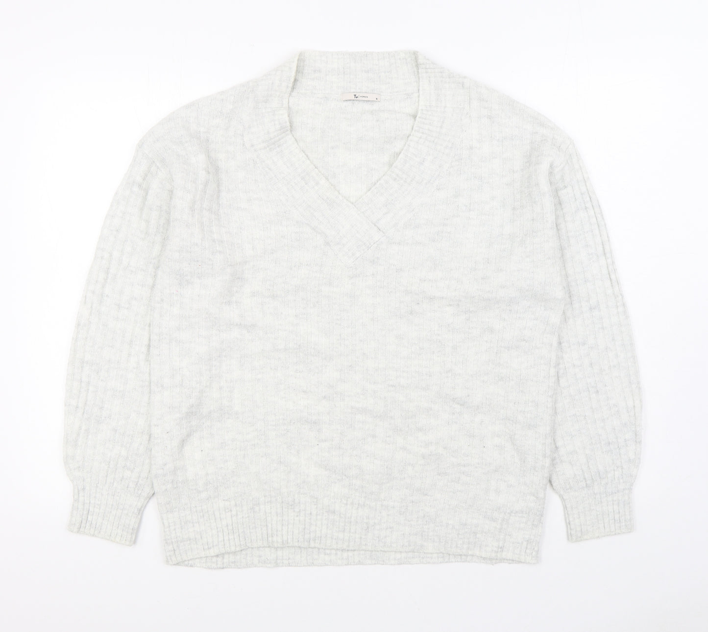 TU Womens White V-Neck Acrylic Pullover Jumper Size 10