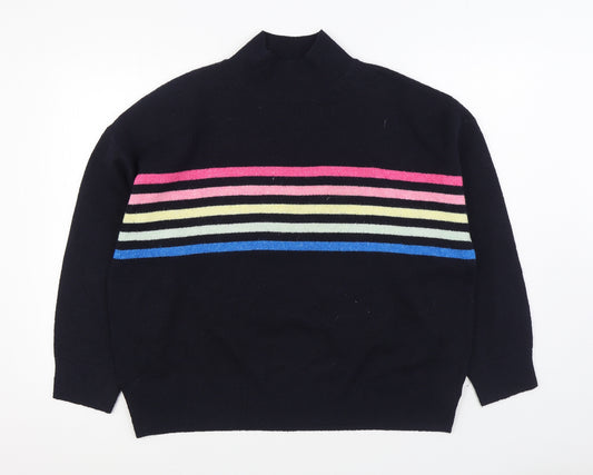Front view of F&F women’s blue round neck striped polyester jumper, size UK 14