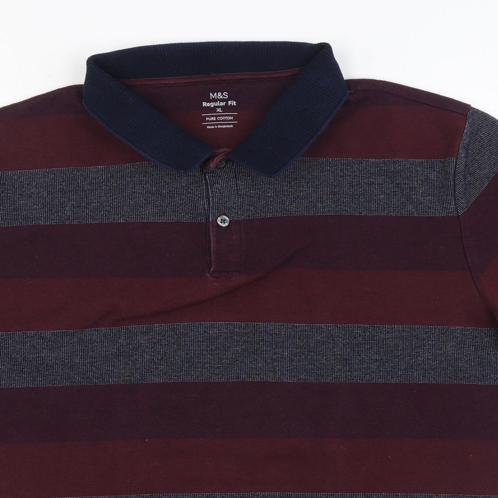 Marks and Spencer Mens Red Striped 100% Cotton Polo Size XL Collared Pullover