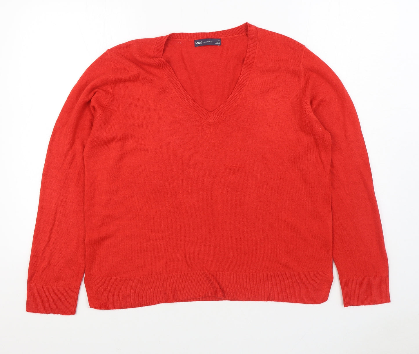 Marks and Spencer Womens Red V-Neck Acrylic Pullover Jumper Size 16