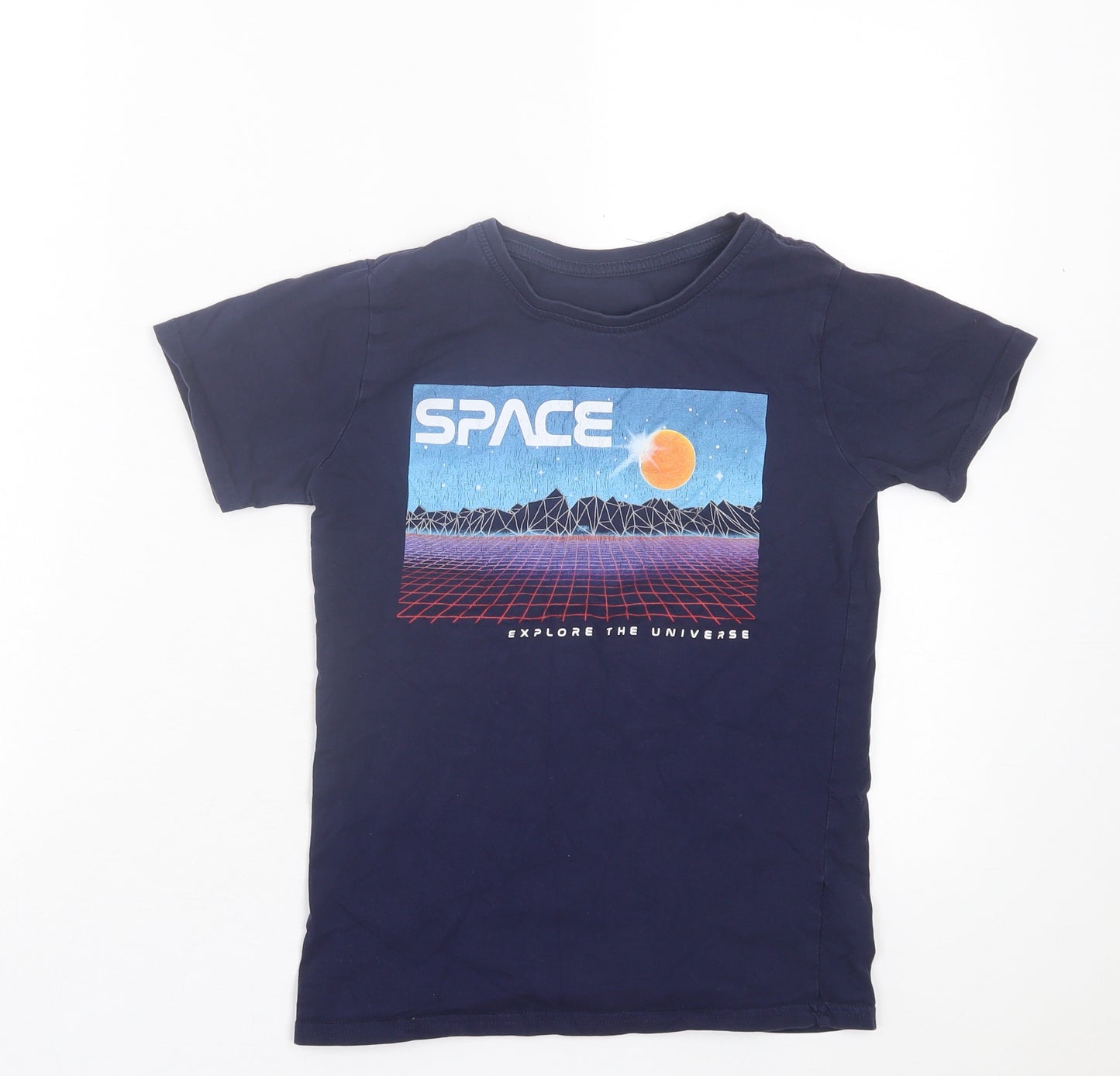Dunnes Stores Boys Blue Cotton Basic T-Shirt Size 9-10 Years Crew Neck Pullover - Space Print