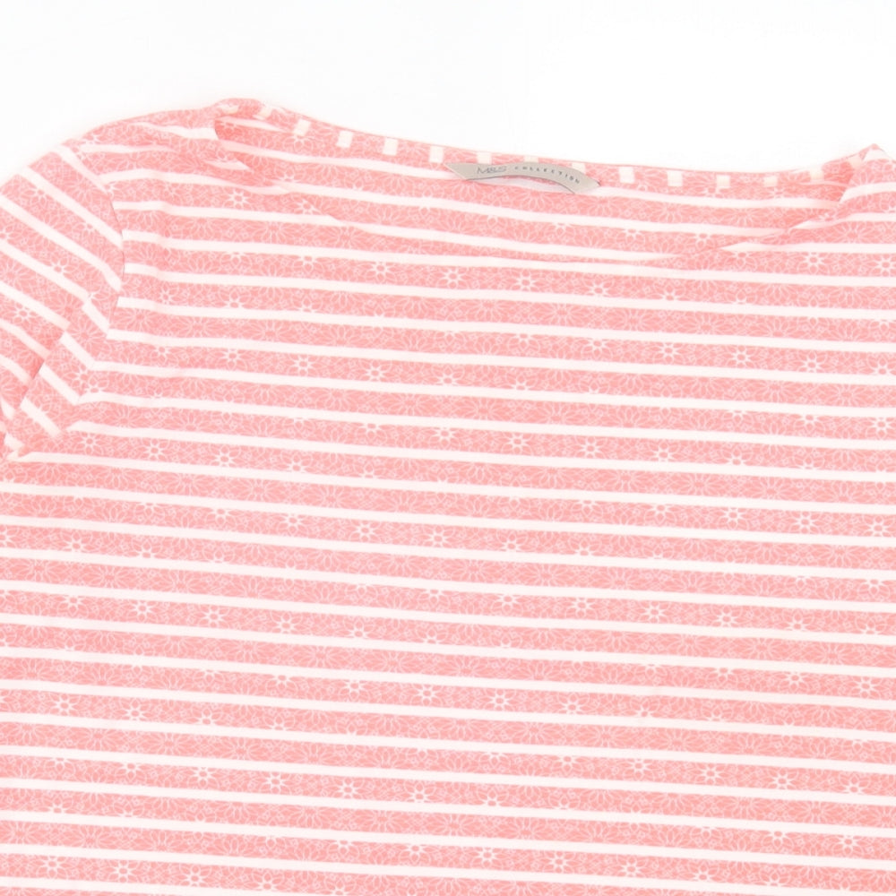 Marks and Spencer Womens Pink Striped Viscose Basic T-Shirt Size 10 Crew Neck