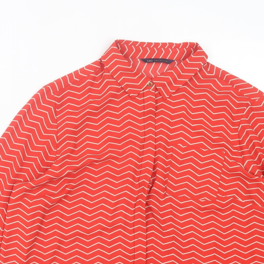 Marks and Spencer Womens Red Geometric Polyester Basic Button-Up Size 14 Collared