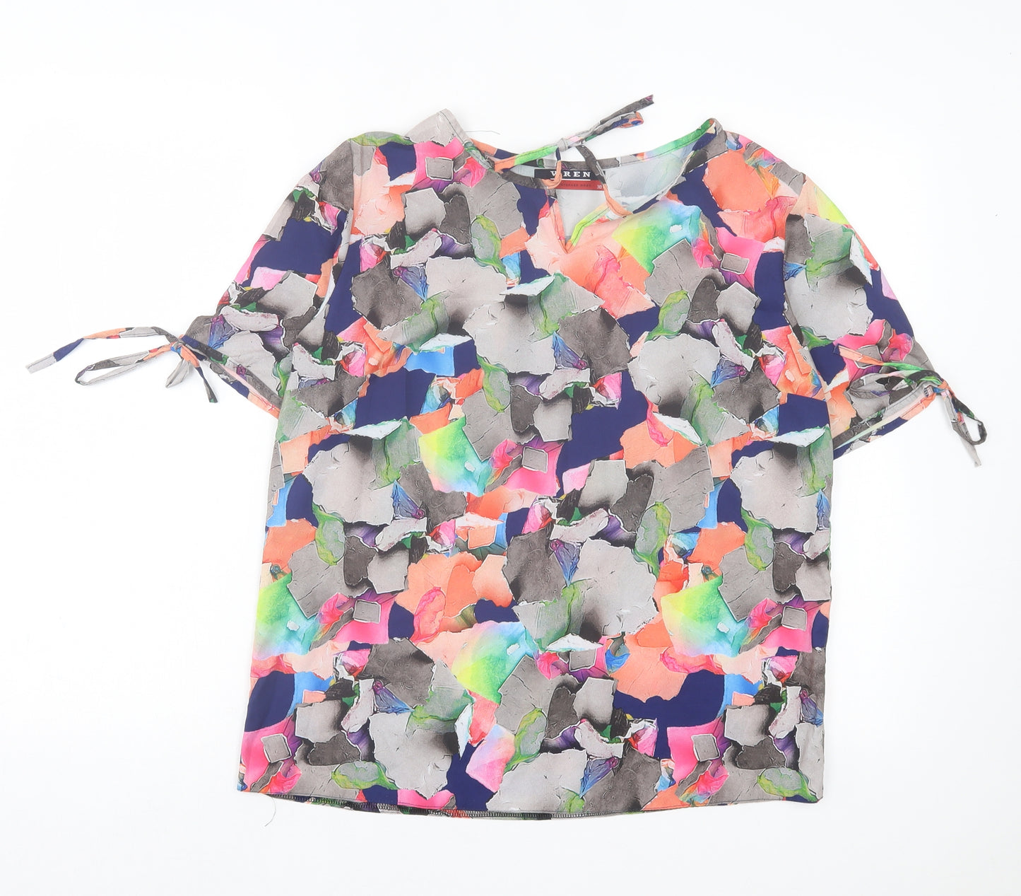 WREN Womens Multicoloured Geometric Polyester Basic T-Shirt Size 10 Crew Neck