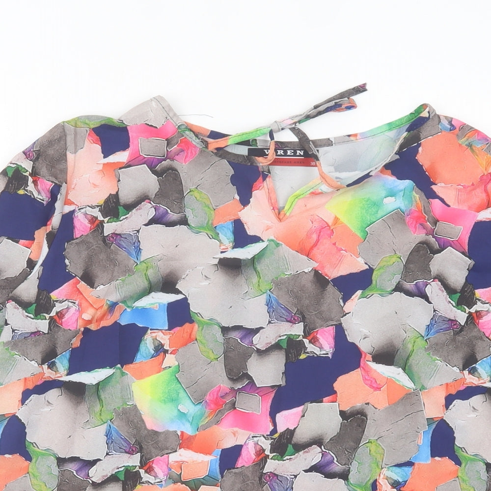 WREN Womens Multicoloured Geometric Polyester Basic T-Shirt Size 10 Crew Neck