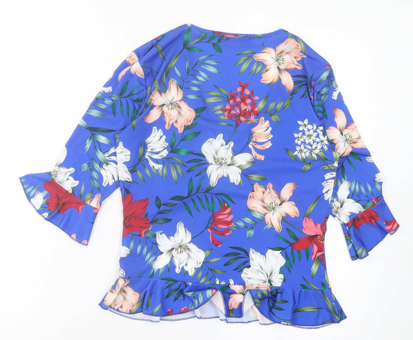 Jane Norman Womens Blue Floral Polyester Basic Blouse Size 14 V-Neck