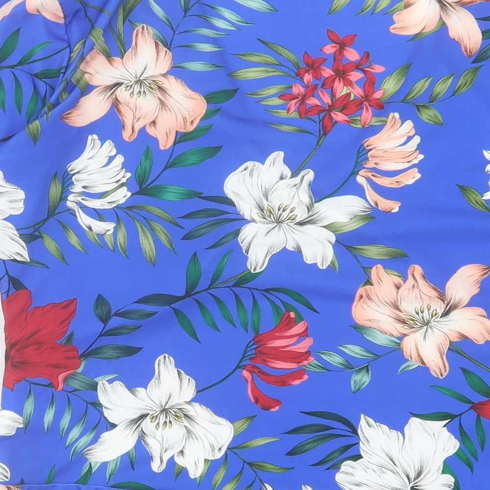 Jane Norman Womens Blue Floral Polyester Basic Blouse Size 14 V-Neck