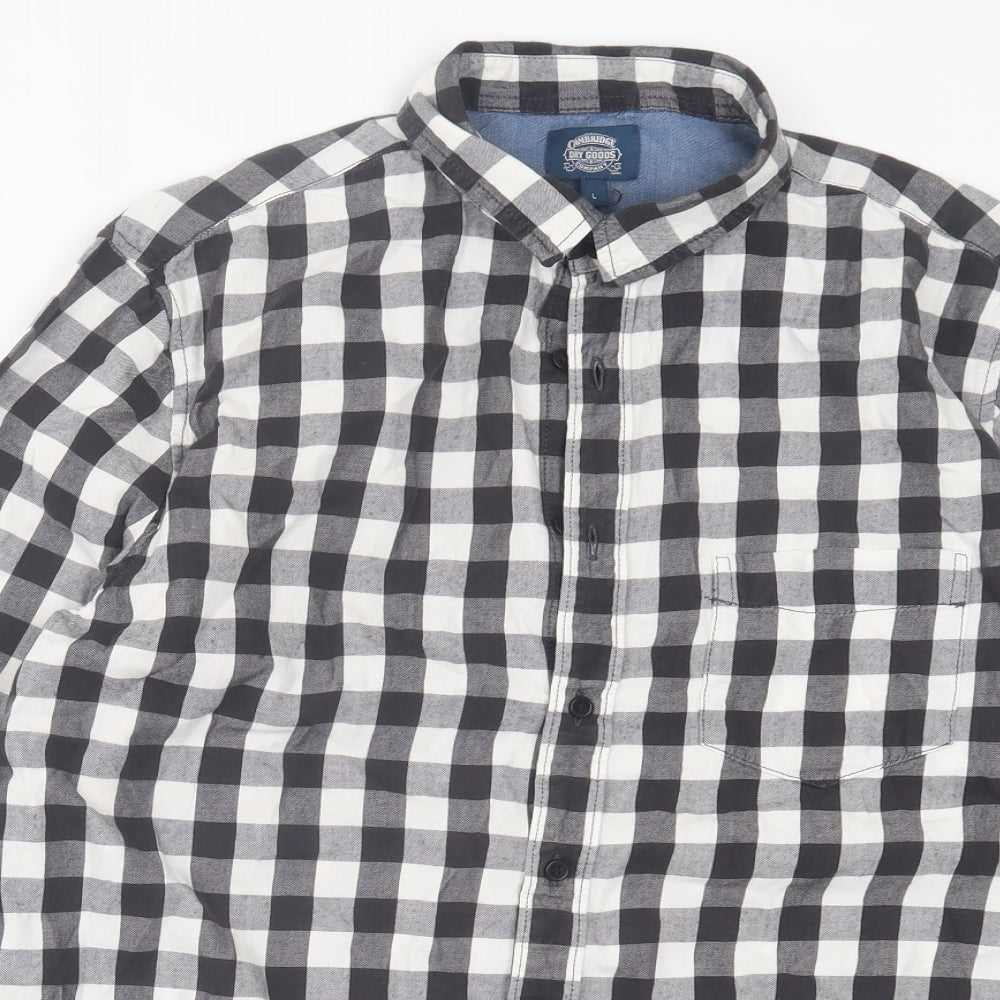 Cambridge Dry Goods Mens Grey Plaid Cotton Button-Up Size L Collared Button