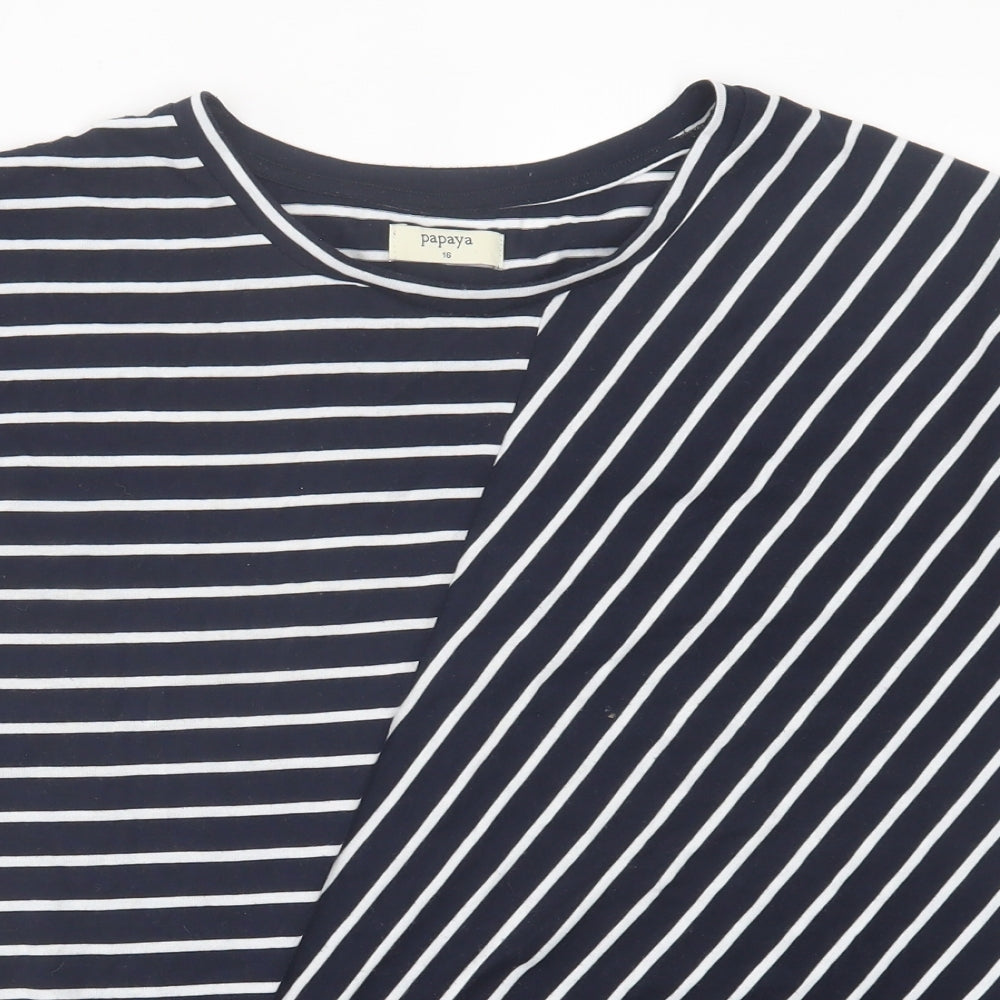 Papaya Womens Blue Striped Polyester Basic T-Shirt Size 16 Crew Neck