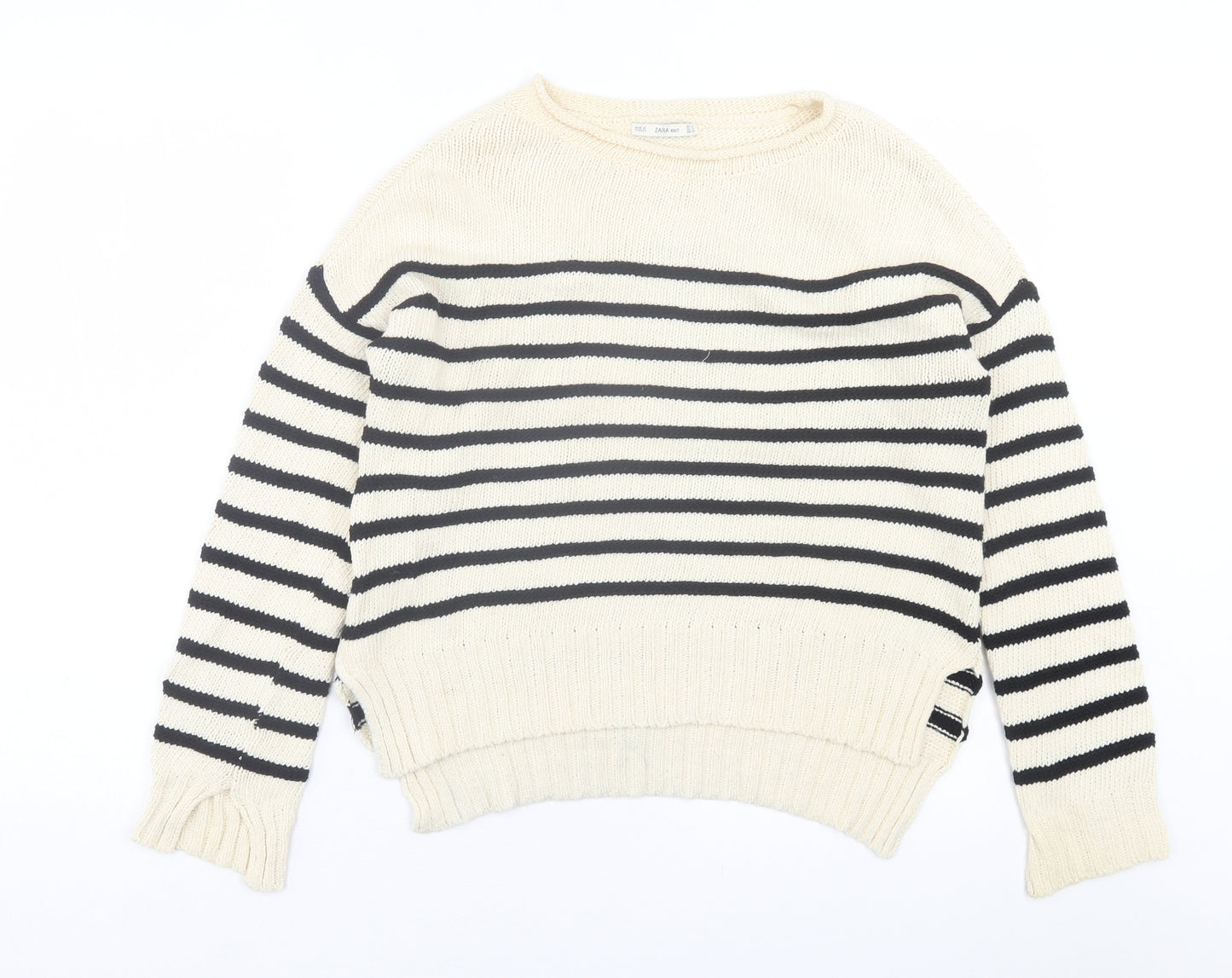 Zara Womens Ivory Crew Neck Striped Cotton Pullover Jumper Size S
