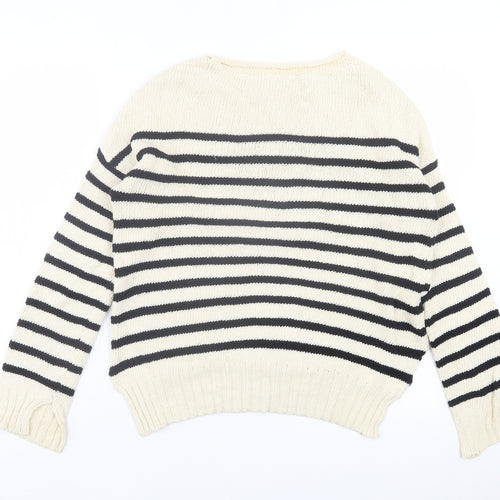 Zara Womens Ivory Crew Neck Striped Cotton Pullover Jumper Size S