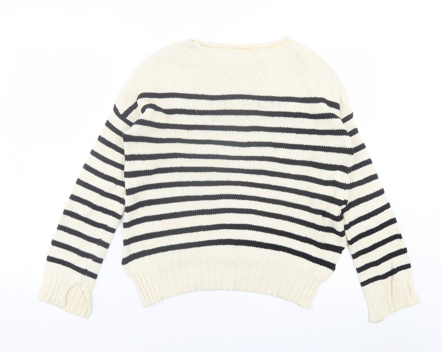 Zara Womens Ivory Crew Neck Striped Cotton Pullover Jumper Size S