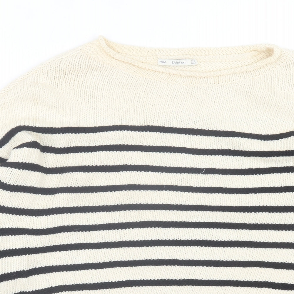 Zara Womens Ivory Crew Neck Striped Cotton Pullover Jumper Size S
