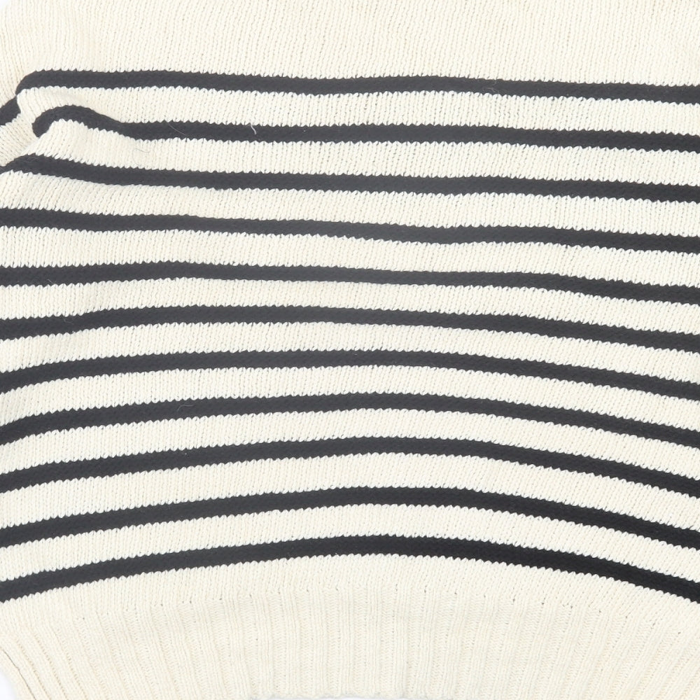 Zara Womens Ivory Crew Neck Striped Cotton Pullover Jumper Size S