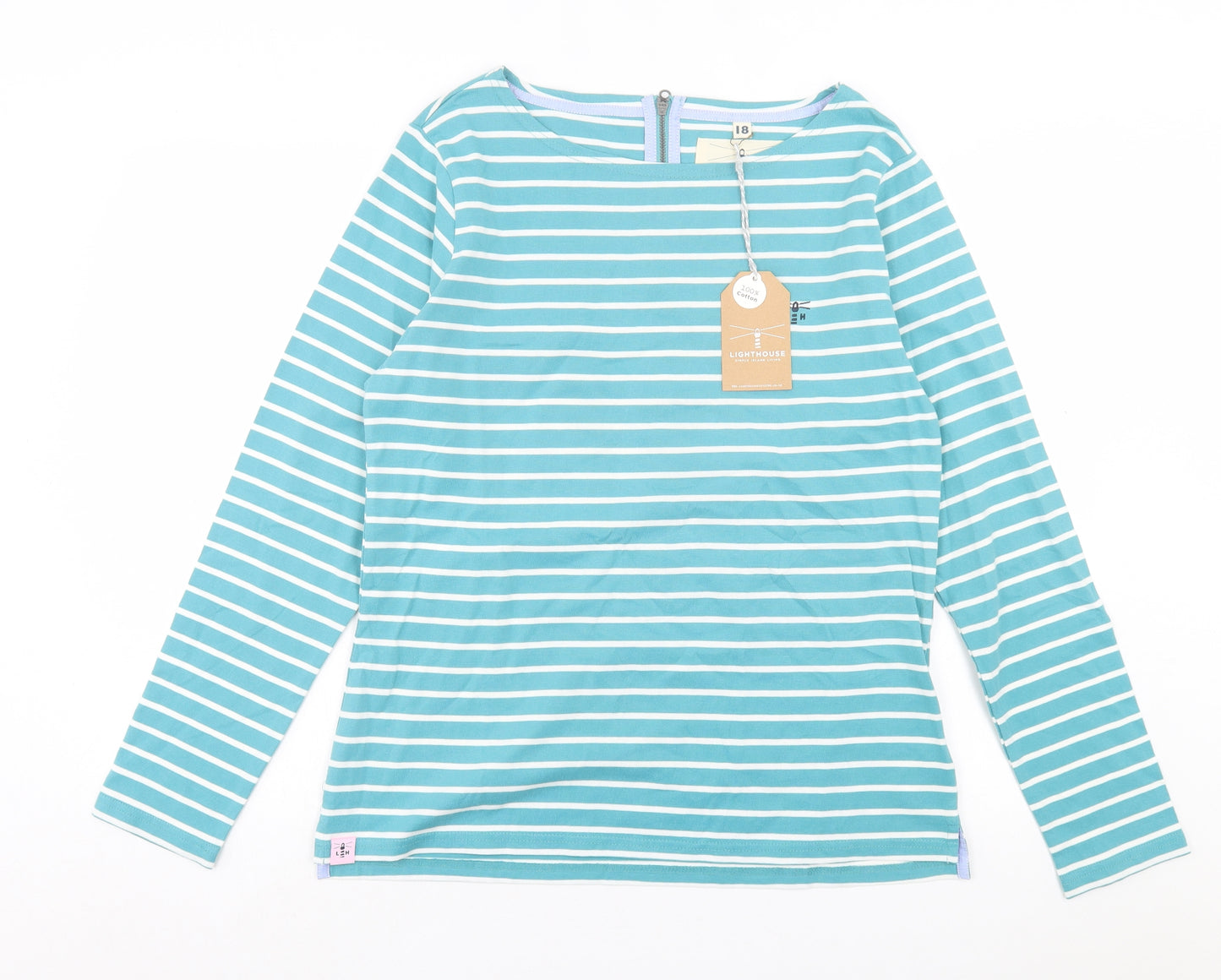 light house Womens Blue Striped Cotton Basic T-Shirt Size 18 Crew Neck